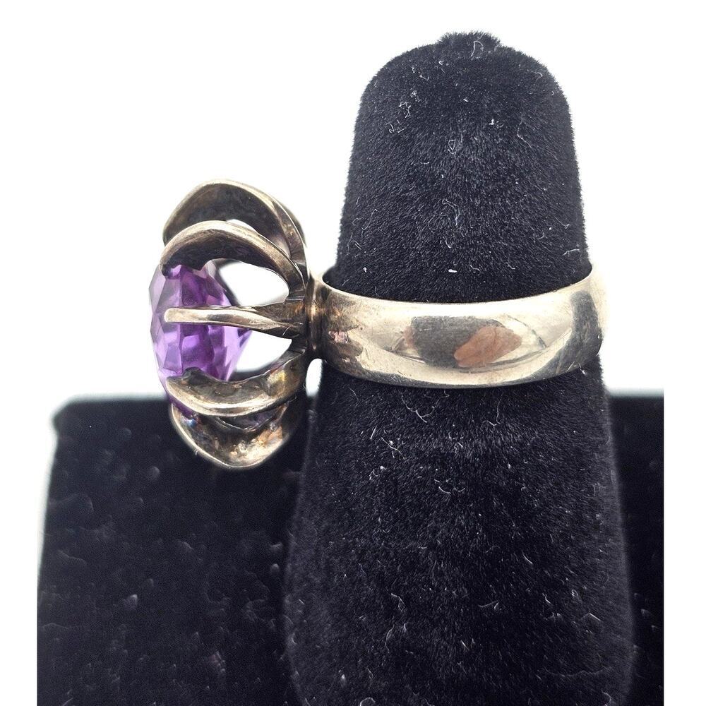 VTG Taxco Mexico Sterling Silver Round Purple Sapphire Cocktail Ring Size 4.5 - Picture 3 of 9